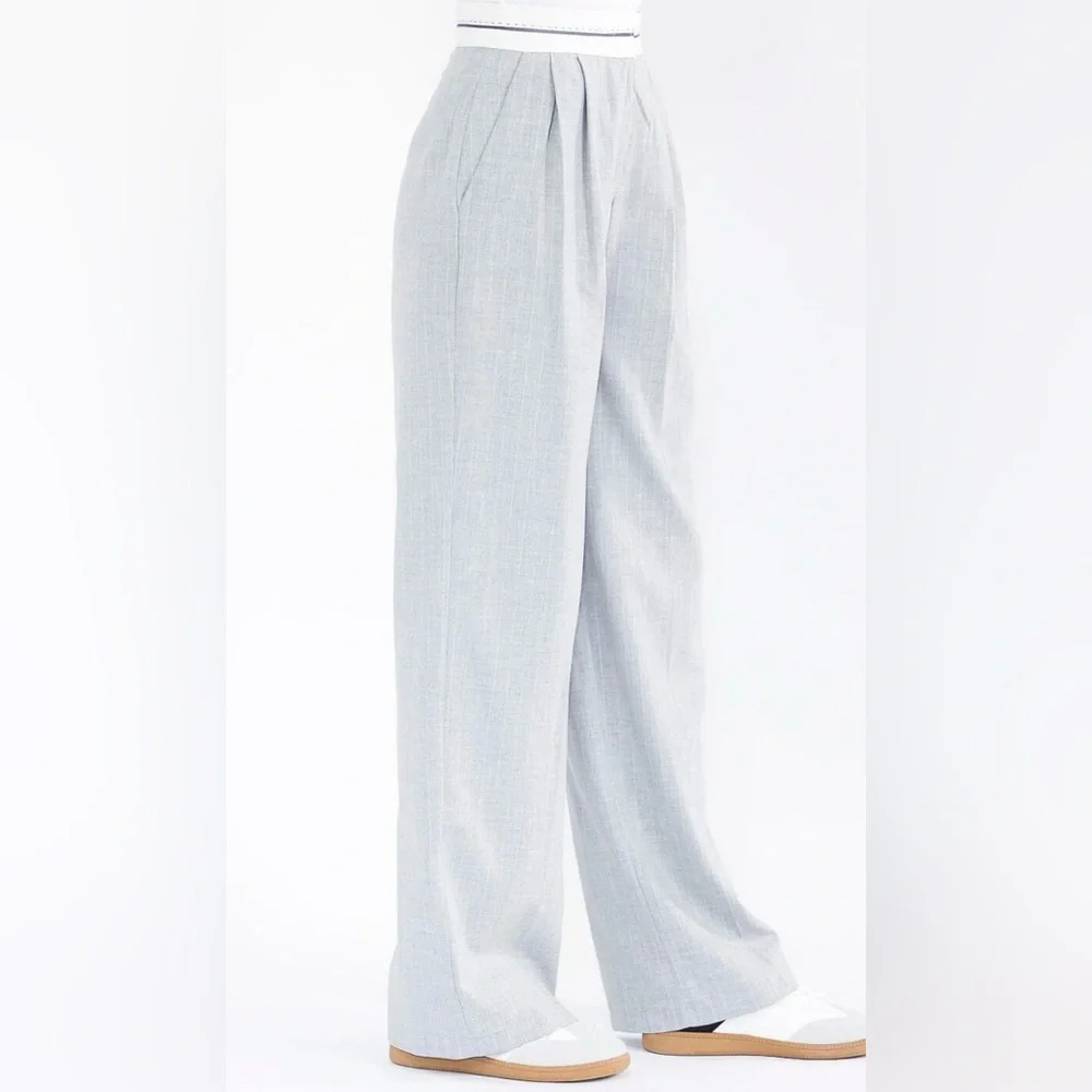 Wide Leg Pinstripe Trousers - Light Gray - Picture 3 of 3